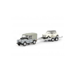 *Schuco 452632700 Land Rover I m. Anhänger und Mini Cooper Maßstab 1:87