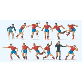 Preiser 10760 Fußballmannschaft mit Torwart und Schiedsrichter, Rot/Blau  Spur H0