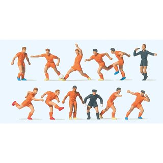 Preiser 10761 Fußballmannschaft mit Torwart und Schiedsrichter, orange Spur H0
