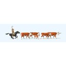 Preiser 10159 Langhornrinder, Cowboy zu Pferd Spur H0