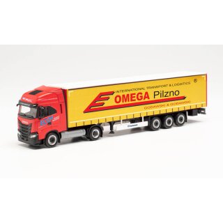 Herpa 314527 Iveco S-Way LNG Gardinenplanen-Sattelzug, Omega Pilzno (PL) Maßstab 1:87
