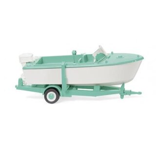 Wiking 009503 Motorboot auf Anhänger - signalweiß/mintgrün  Maßstab 1:87
