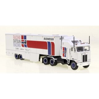 *Brekina 85740 Kenworth K 100 Aerodyne mit Anhänger, Datsun-Budweiser. 1980  Maßstab: 1:87