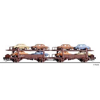 Tillig 18592 Autotransportwagen-Einheit Laaek 4357  beladen mit 8 PKW Lada 1200. DR, Ep.IV  Spur TT