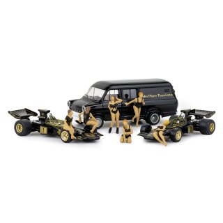 Brekina 22889 Set, Lotus 72 mit 2 F1-Autos , 6 PR Girls und Transporter Maßstab 1:87
