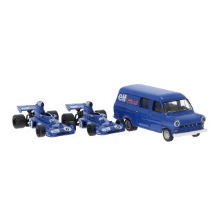 Brekina 22871 Set, Tyrrell 006  aus 1973 mit 2 Rennwagen und Ford Transit Maßstab 1:87