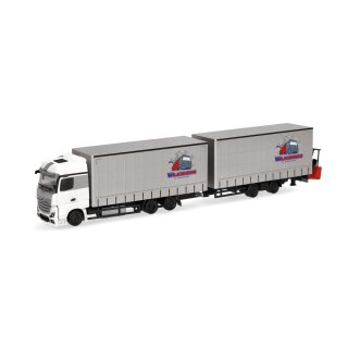 Herpa 319683 Mercedes-Benz Actros Jumbogardinenplanentandem-Hängerzug mit Stapler, Wilkening Maßstab 1:87