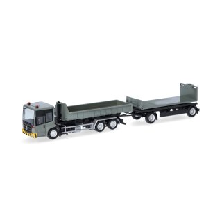 Herpa 321549 Mercedes-Benz Econic Wechsellader-Hängerzug mit flacher Mulde und Flat, grau-gelb Maßstab 1:87