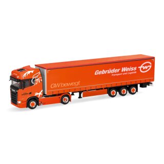 Herpa 320771 Scania CS 20 Hochdach Gardinenplanen-Sattelzug, Mischa Berger Transporte/Gebrüder Weiss, Schweiz/Österreich Maßstab 1:87