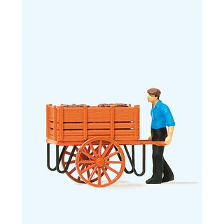 PREISER 28131 Arbeiter mit Handwagen, Fässe Massstab: H0
