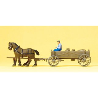 PREISER 30411 Kastenwagen. Bauer, 2 Pferde, Massstab: H0