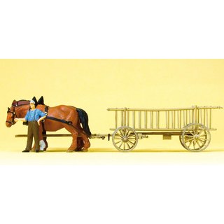 PREISER 30416 Leiterwagen. Bauer, 2 Pferde Massstab: H0
